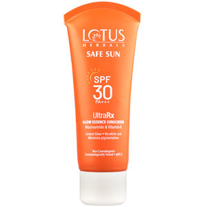 Lotus Herbals SafeSun UltraRx Glow Essence Sunscreen SPF 30 for UV/Blue Filters Broad Spectrum Protection, Niacinamide & Vitamin E, Dewy Finish, Dermatologically Tested, Oily, Dry, Combination Skin, 50 gm