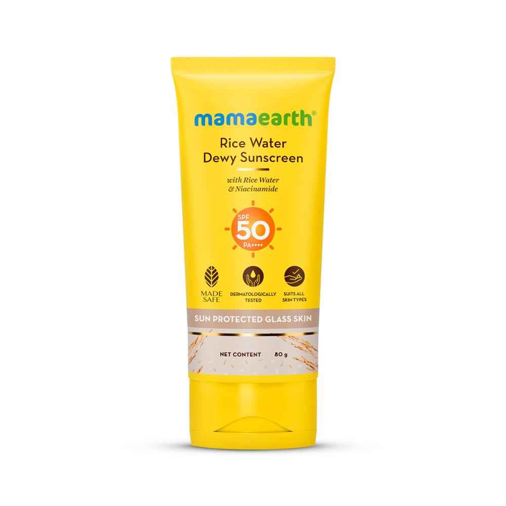 Mamaearth Rice Water Dewy Sunscreen with Rice Water & Niacinamide 80 gm | Gives SPF50 & PA++++ Protection | For Glass Skin Glow | Evens Skin Tone | Tan,UVA & UVB Protection | No White Cast | All Skin Types