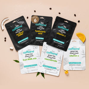 mCaffeine Hydrating & Clarifying Green Tea & coffee Sheet Masks.Vitamin C, Hyaluronic Acid, Niacinamide, Coconut Water, Fruit AHA Face Sheet Masks with Green Tea & Coffee for Glowing Skin (Pack of 6) 173g
