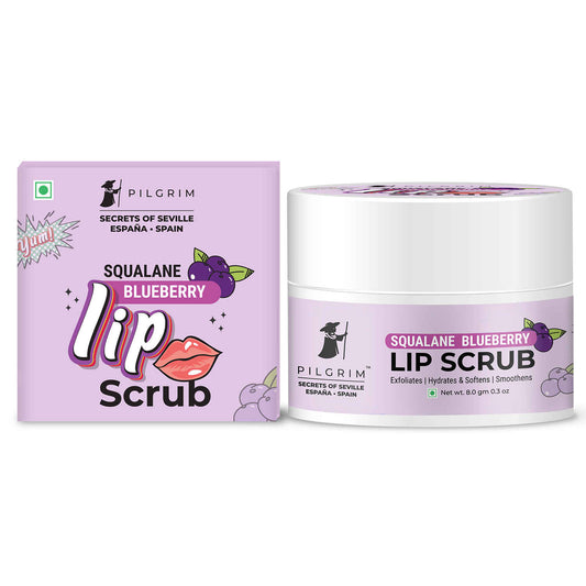 Pilgrim Squalane Blueberry Lip Scrub For Women & Men With Sugar & Shea Butter For Gentle Exfoliation, Hydrated, Smooth & Soft Lips ,8 gm