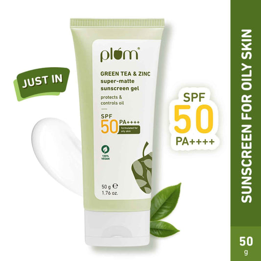 Plum Green Tea & Zinc Super-Matte Sunscreen Gel | SPF 50 PA ++++, Formulated For Oily Skin | Protects & Controls Oil | Lightweight Gel Texture | No White Cast & Non-sticky | With Hybrid Filters |Fragrance-Free | 100% Vegan | 50 gm
