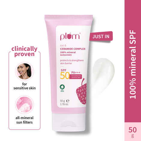 plum-oat-ceramide-complex-100-mineral-sunscreen-spf-50-pa-no-white-cast-for-sensitive-skin-strengthens-skin-barrier-sun-protection-from-uva-b-rays-lightweight-non-oily-men-women-50-gm