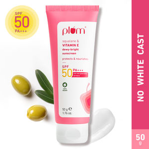 Plum Squalane & Vitamin E Dewy-Bright Sunscreen SPF 50 PA+++ | No White Cast, Lightweight, Non-Sticky | With Safest, New Generation UV Filters | Protects & Nourishes All Skin Types | Sunscreen For Women & Men | 100% Vegan | 50 gm