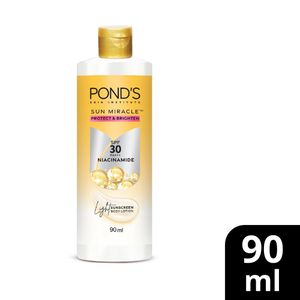 Ponds 3% Niacinamide Sun Miracle SPF 30 P+++ Light Sunscreen Body Lotion | Proctects & Brightens Skin | No white Cast | Lightweight | Non Sticky | For All Skin Types | 90 ml