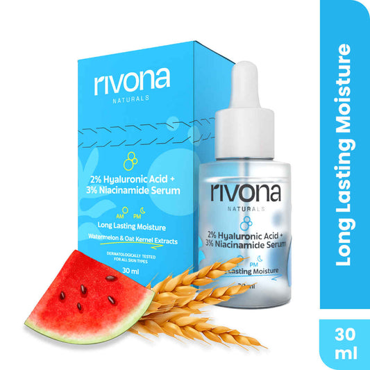Rivona Naturals 2% Hyaluronic Acid + 3% Niacinamide Serum | HM Sodium Hyaluronate + Oatmeal | Hydrating and Dark Spot Corrector | For Men & Women | All Skin types | 30 ml