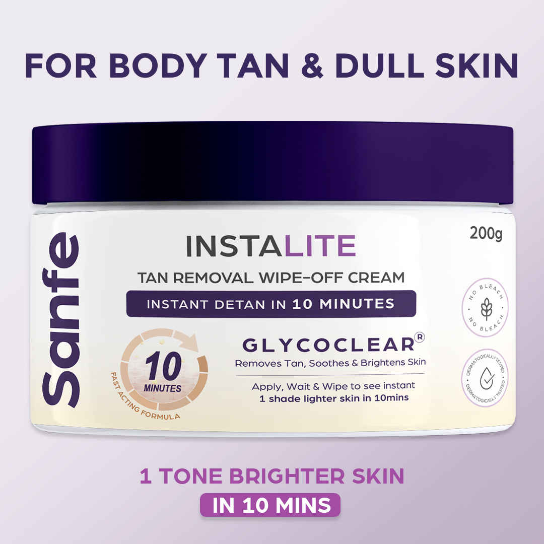 Sanfe Detan Face Cream Instalite Detan Wipe Off 200 gm | With Glycoclear Technology | 1 Tone Brighter in 10 mintues | For Legs, Arms and Back | Detan Cream for Tan Removal & Glowing Skin