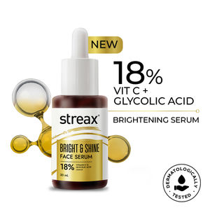 Streax Bright & Shine Face Serum with 18% Vitamin C+ Glycolic Acid Complex for Brightening, Dark Spots Reduction, 30 ml